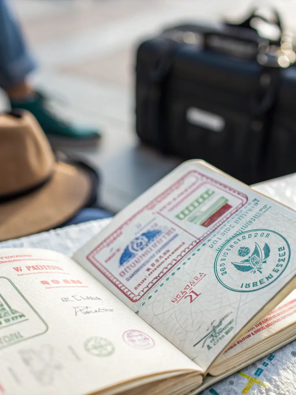 A passport with visa stamps and a travel document, symbolizing visa assistance for Asian Travel & Tours.